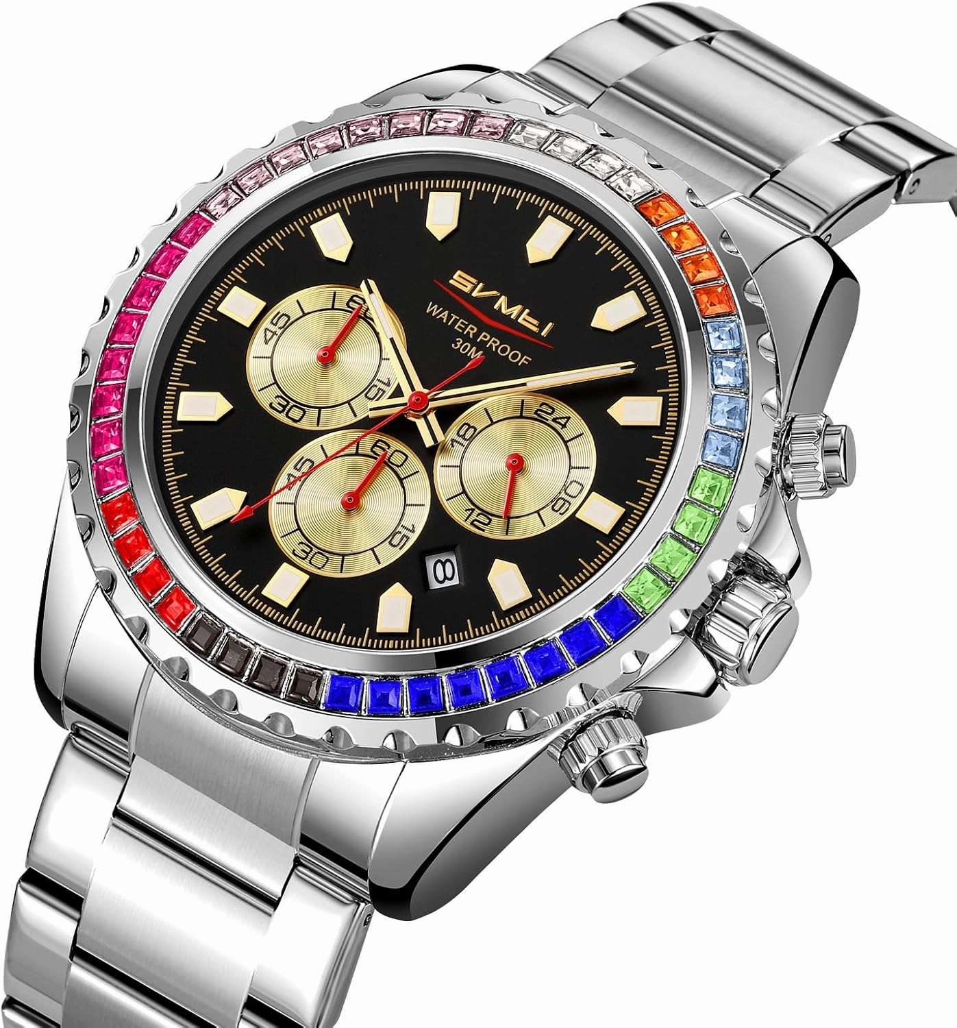Men's Luxury Gold Watch Colored Diamonds Stainless Steel Waterproof Date Quartz Movement Bold Sports Fashion Accessory for Men