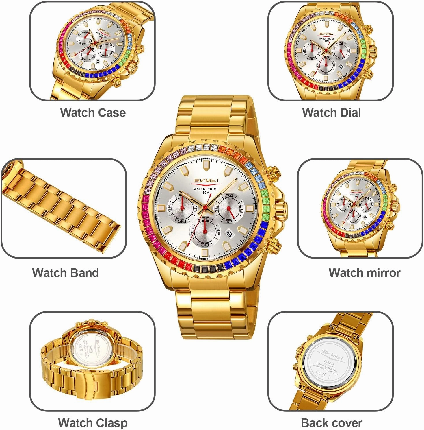 Men's Luxury Gold Watch Colored Diamonds Stainless Steel Waterproof Date Quartz Movement Bold Sports Fashion Accessory for Men