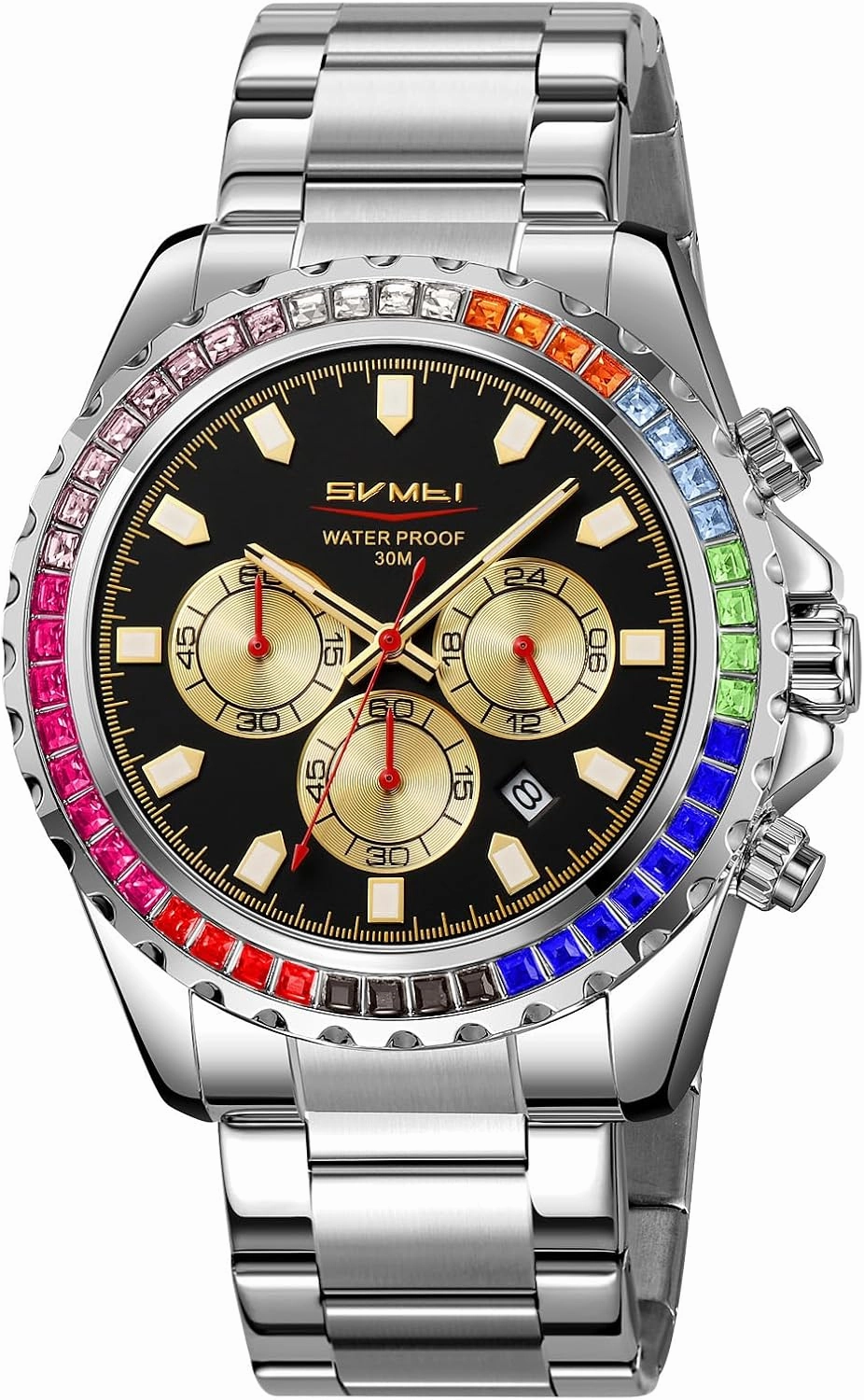 Men's Luxury Gold Watch Colored Diamonds Stainless Steel Waterproof Date Quartz Movement Bold Sports Fashion Accessory for Men