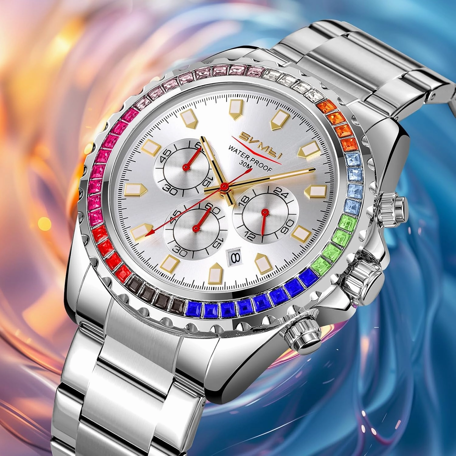 Men's Luxury Gold Watch Colored Diamonds Stainless Steel Waterproof Date Quartz Movement Bold Sports Fashion Accessory for Men