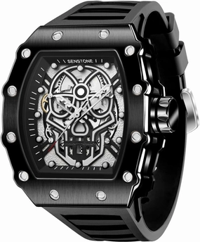 Men's Retro Punk Skull Tonneau Analog Skeleton Sports Watch, Luminous Rubber Strap, Silicone Band