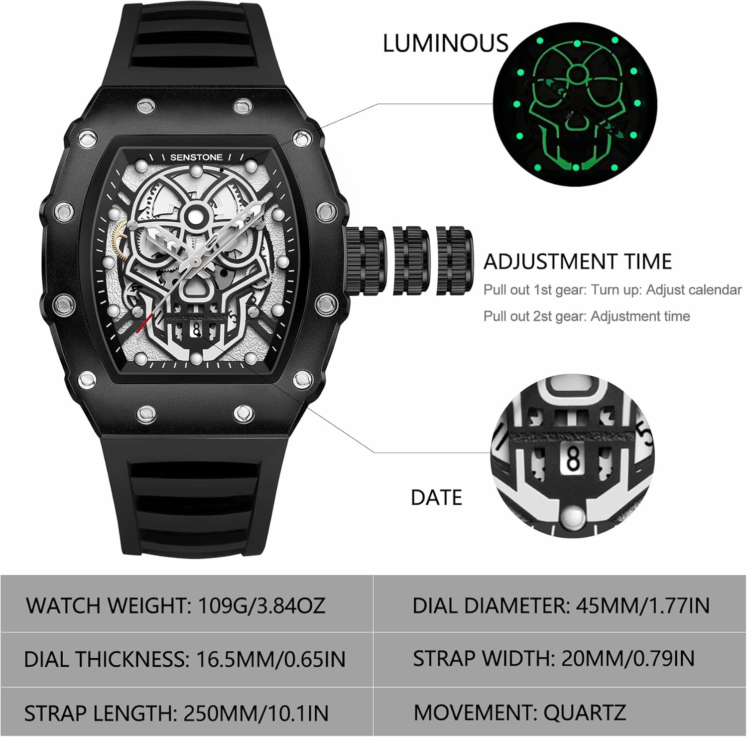 Men's Retro Punk Skull Tonneau Analog Skeleton Sports Watch, Luminous Rubber Strap, Silicone Band