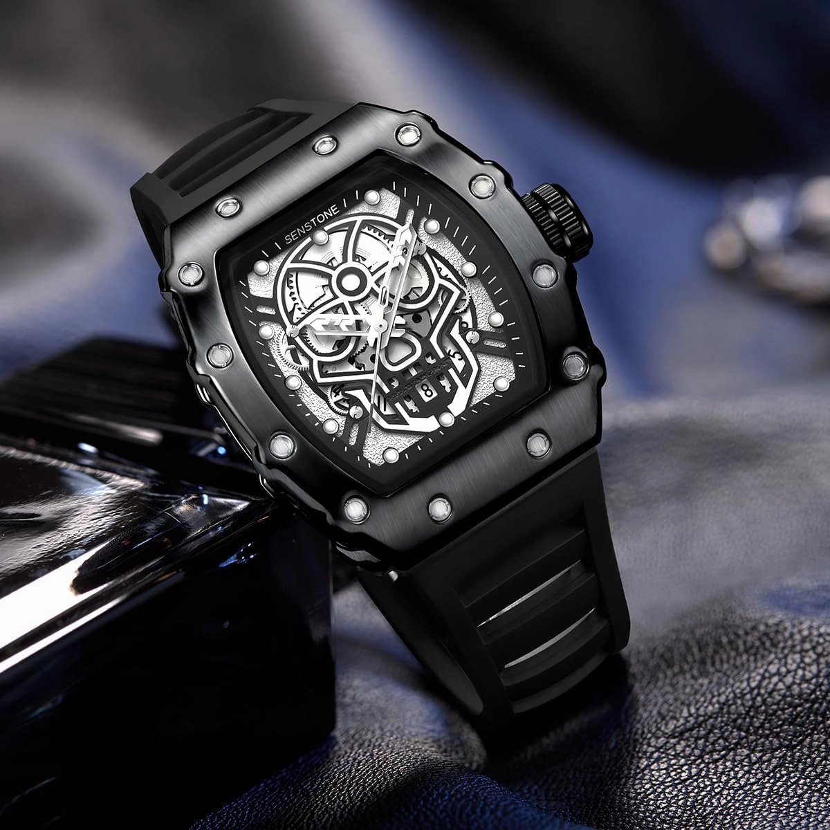 Men's Retro Punk Skull Tonneau Analog Skeleton Sports Watch, Luminous Rubber Strap, Silicone Band