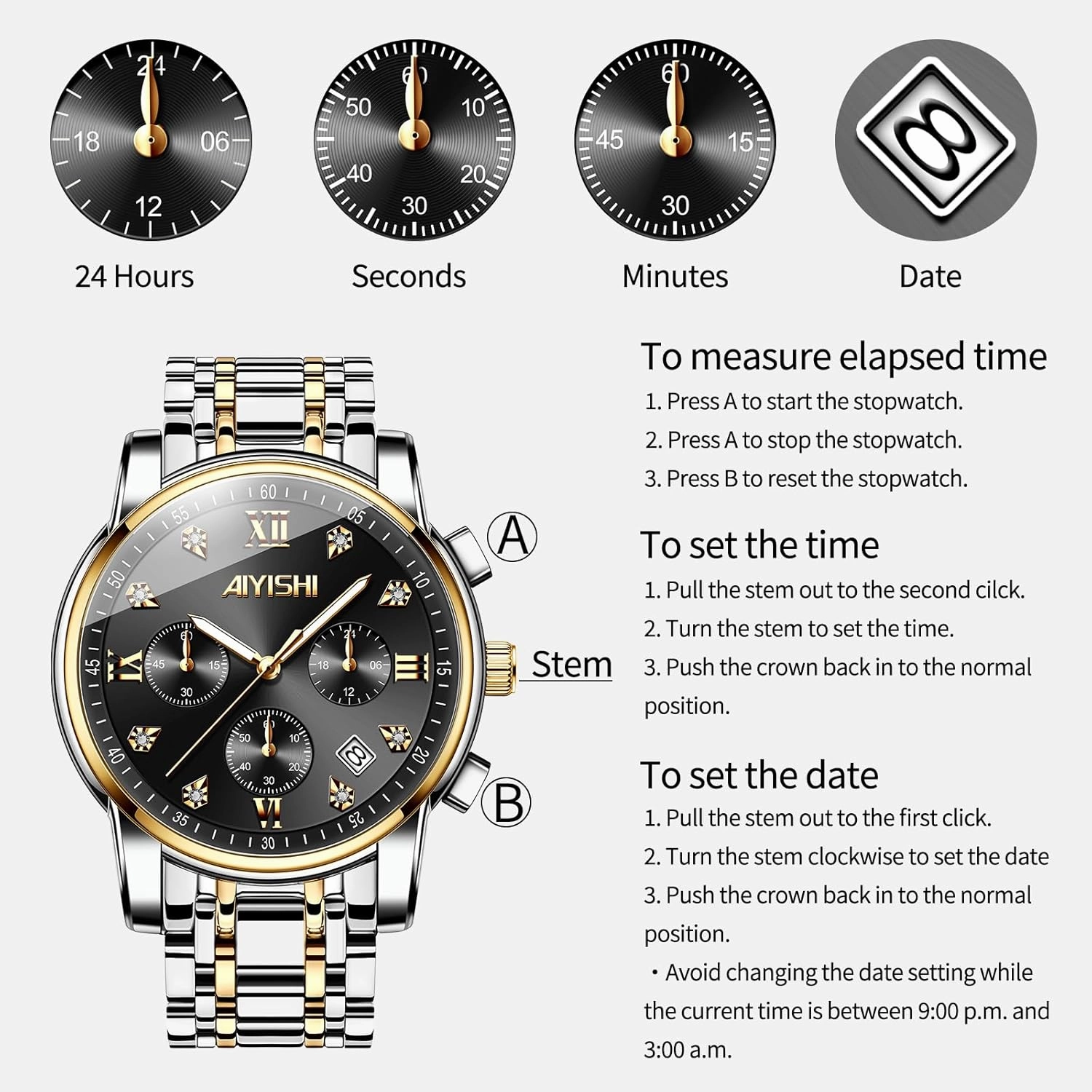 Men’s Watches Luxury Stainless Steel Big Face Quartz Dress Watch with Roman Numerals and Chronograph Waterproof‎ for Business, Daily Wear & Gift