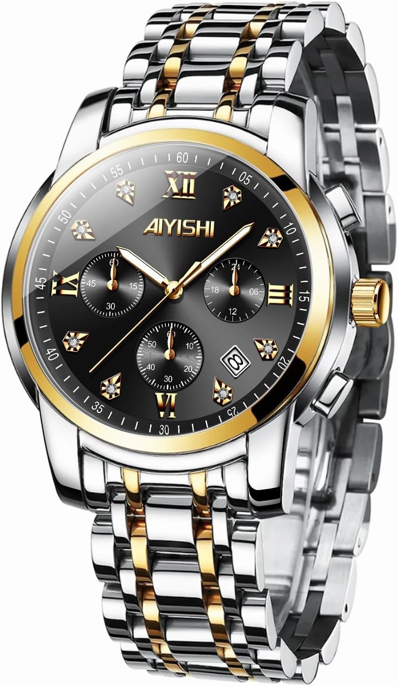Men’s Watches Luxury Stainless Steel Big Face Quartz Dress Watch with Roman Numerals and Chronograph Waterproof‎ for Business, Daily Wear & Gift