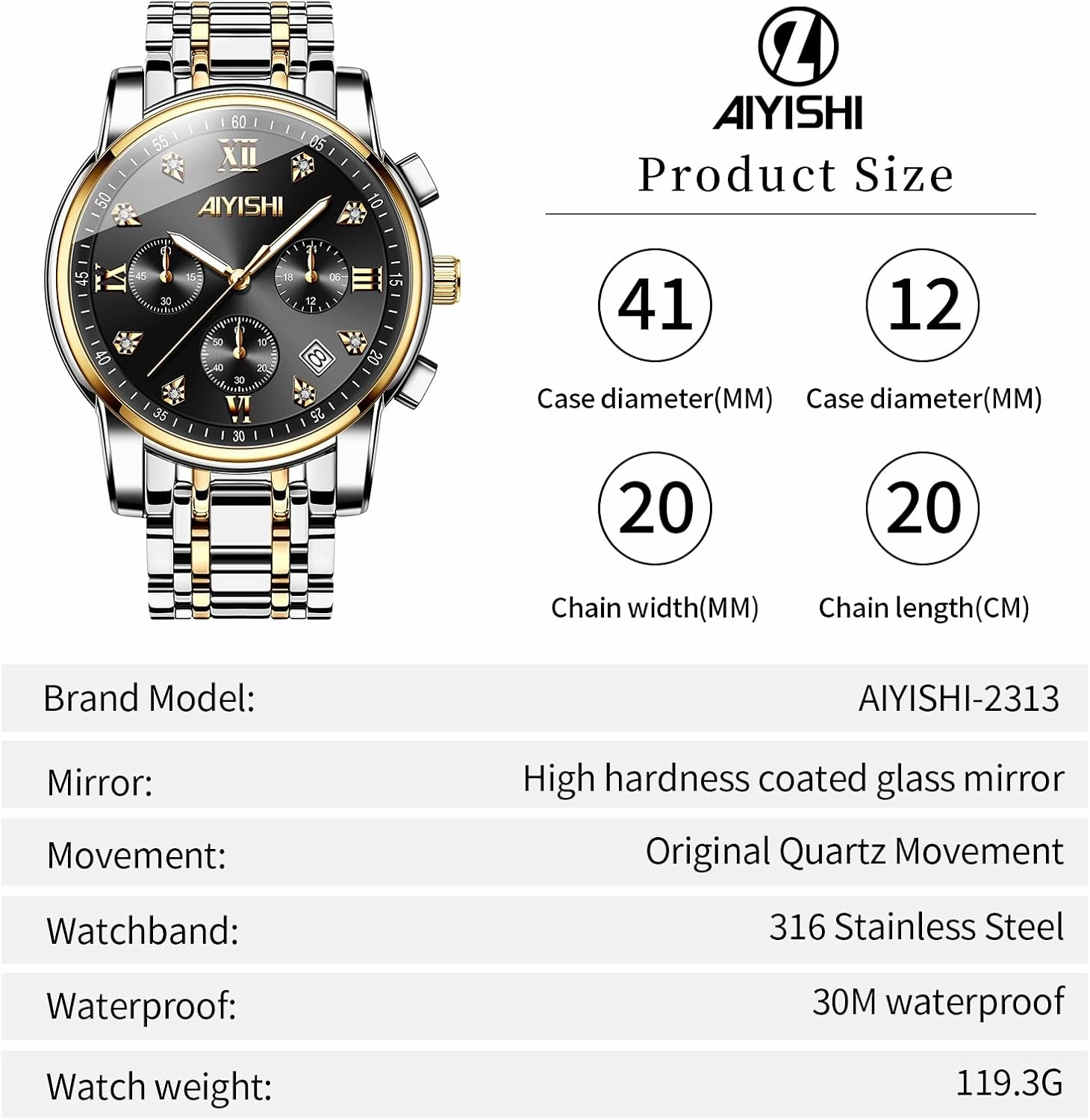 Men’s Watches Luxury Stainless Steel Big Face Quartz Dress Watch with Roman Numerals and Chronograph Waterproof‎ for Business, Daily Wear & Gift