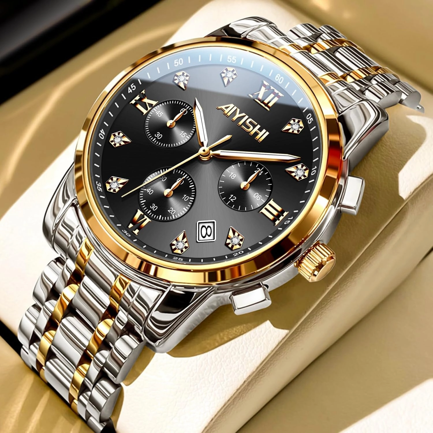Men’s Watches Luxury Stainless Steel Big Face Quartz Dress Watch with Roman Numerals and Chronograph Waterproof‎ for Business, Daily Wear & Gift