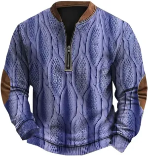 Mens 1/4 Zip Pullover Sweatshirts Long Sleeve Band Collar Knit Pattern Sweaters Casual Athletic Graphic Tee Shirts