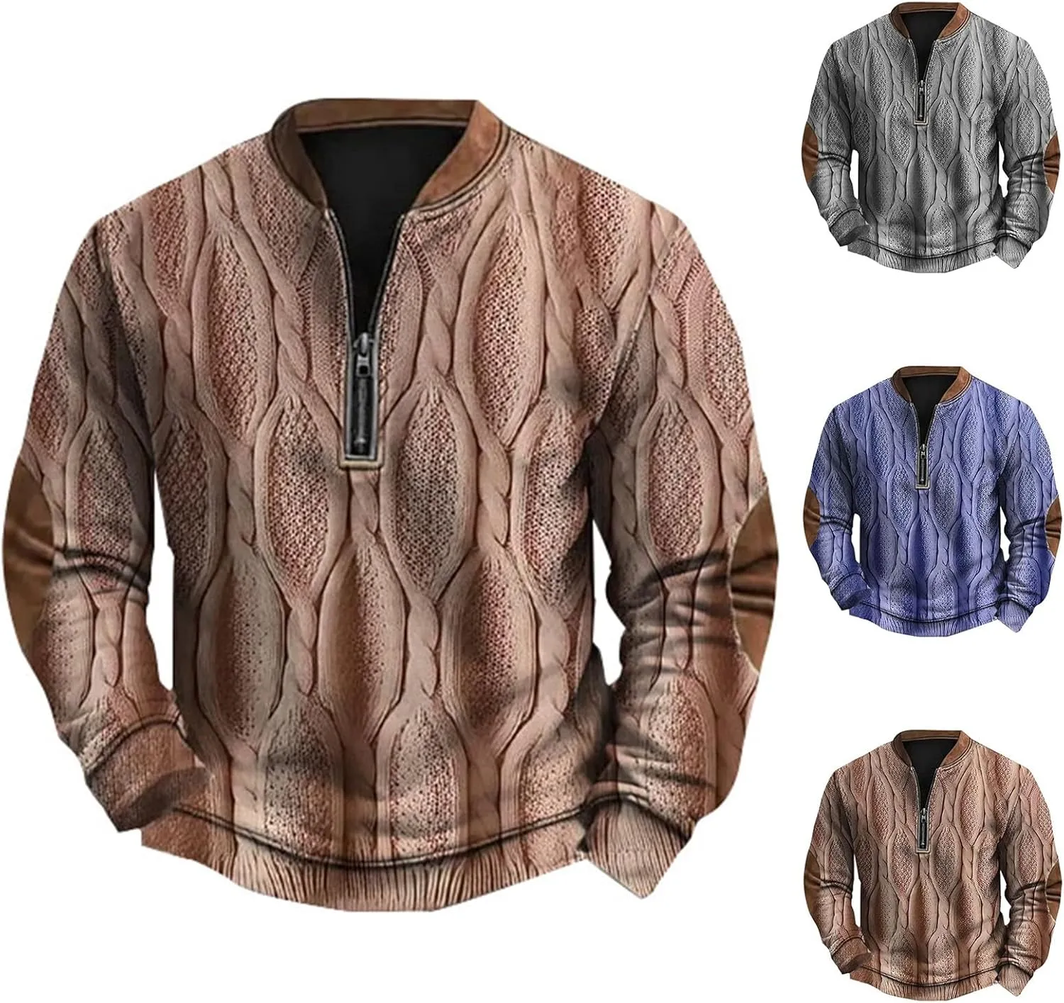 Mens 1/4 Zip Pullover Sweatshirts Long Sleeve Band Collar Knit Pattern Sweaters Casual Athletic Graphic Tee Shirts