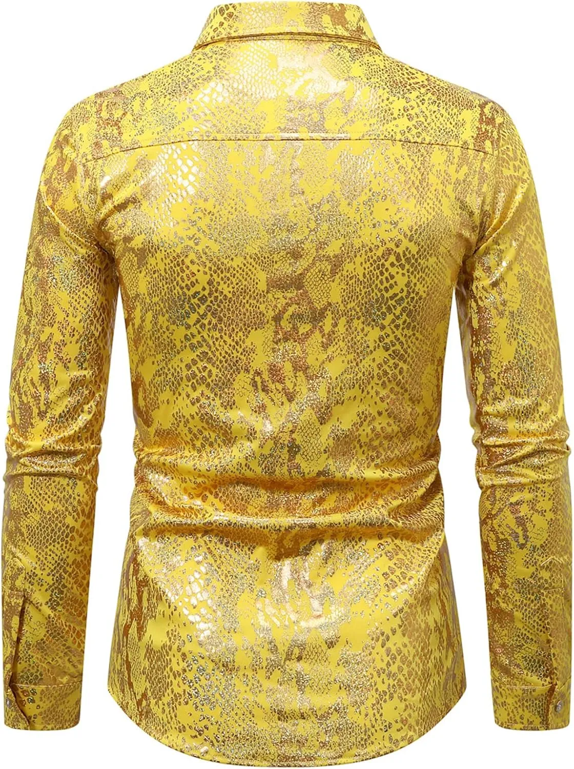Mens 70s Disco Snakeskin Print Shirts Luxury Metallic Gold Shiny Button Down Dress Shirts Nightclub Costume