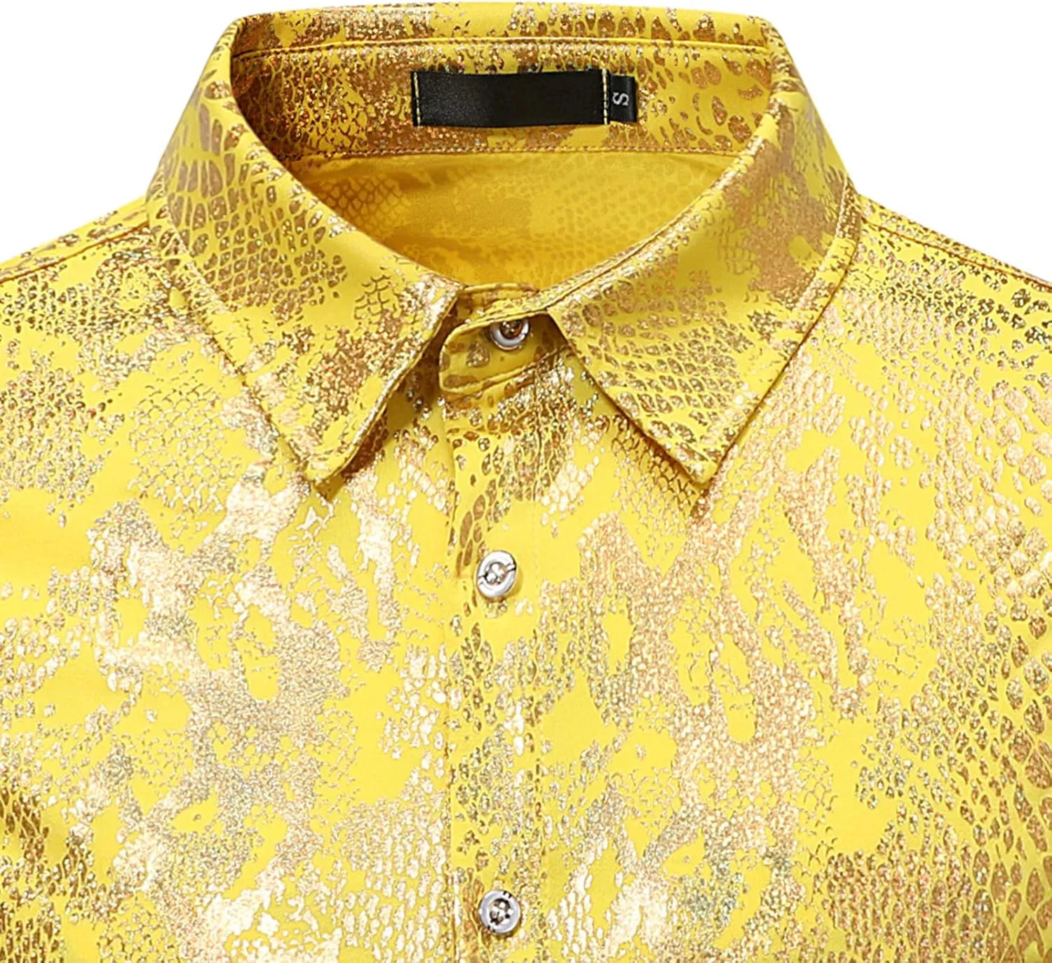 Mens 70s Disco Snakeskin Print Shirts Luxury Metallic Gold Shiny Button Down Dress Shirts Nightclub Costume