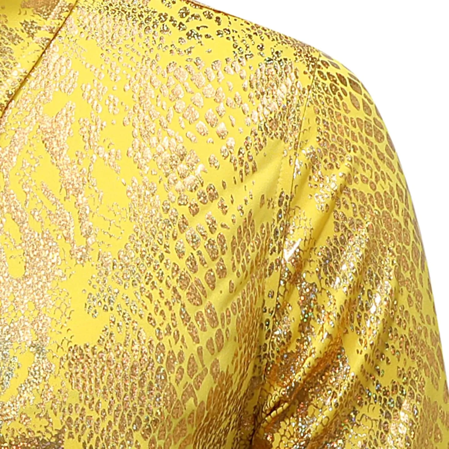 Mens 70s Disco Snakeskin Print Shirts Luxury Metallic Gold Shiny Button Down Dress Shirts Nightclub Costume