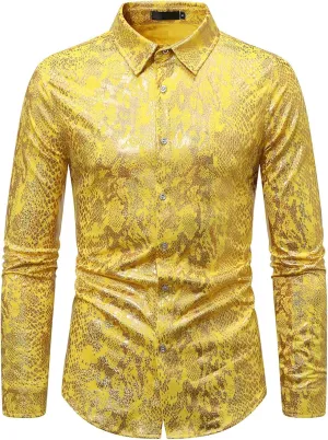 Mens 70s Disco Snakeskin Print Shirts Luxury Metallic Gold Shiny Button Down Dress Shirts Nightclub Costume