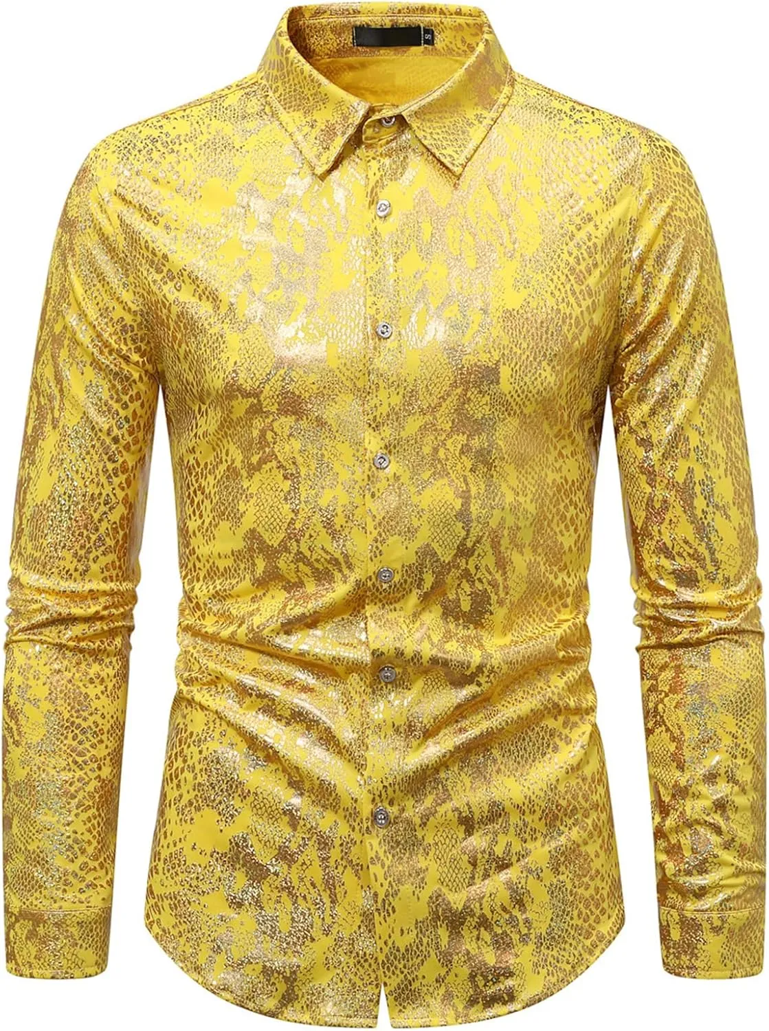 Mens 70s Disco Snakeskin Print Shirts Luxury Metallic Gold Shiny Button Down Dress Shirts Nightclub Costume