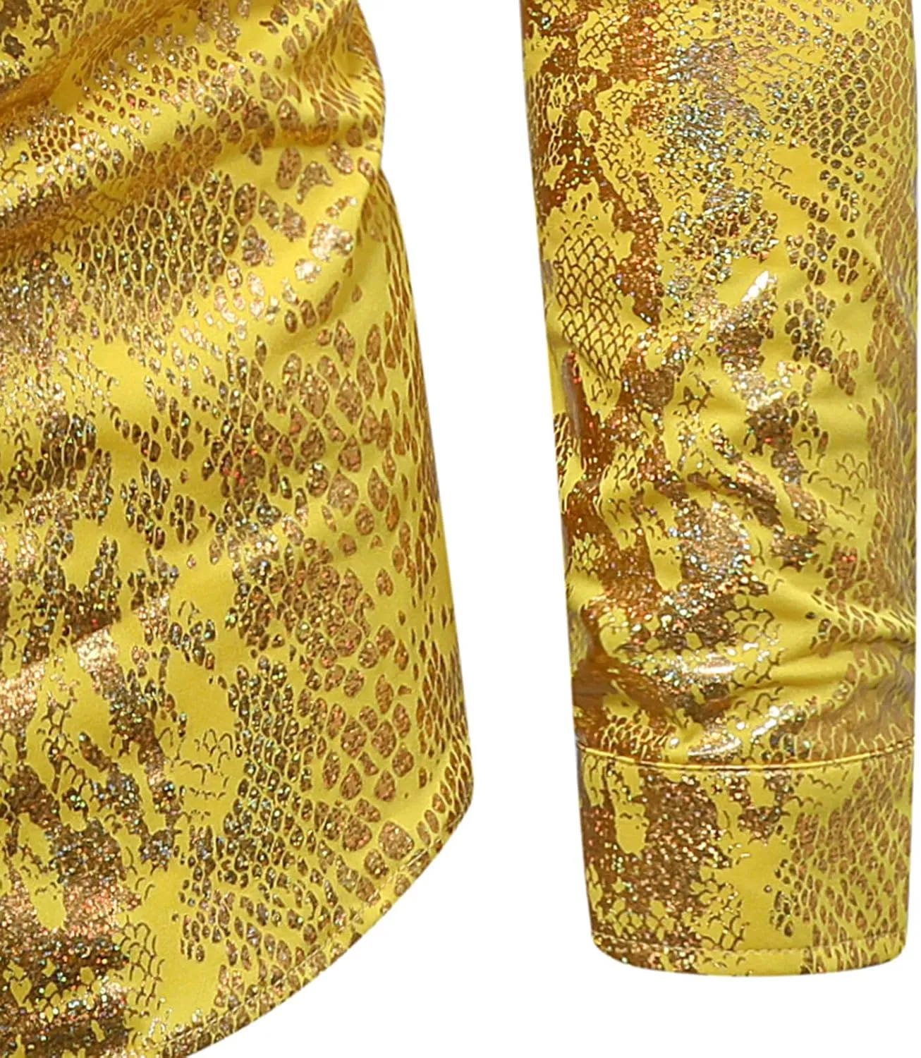 Mens 70s Disco Snakeskin Print Shirts Luxury Metallic Gold Shiny Button Down Dress Shirts Nightclub Costume