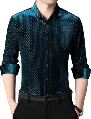 Men's Business Casual Velvet Long Sleeve Shirt Snap Buttons Vintage Shirt Suede Stretch Shirt Classic Ribbed