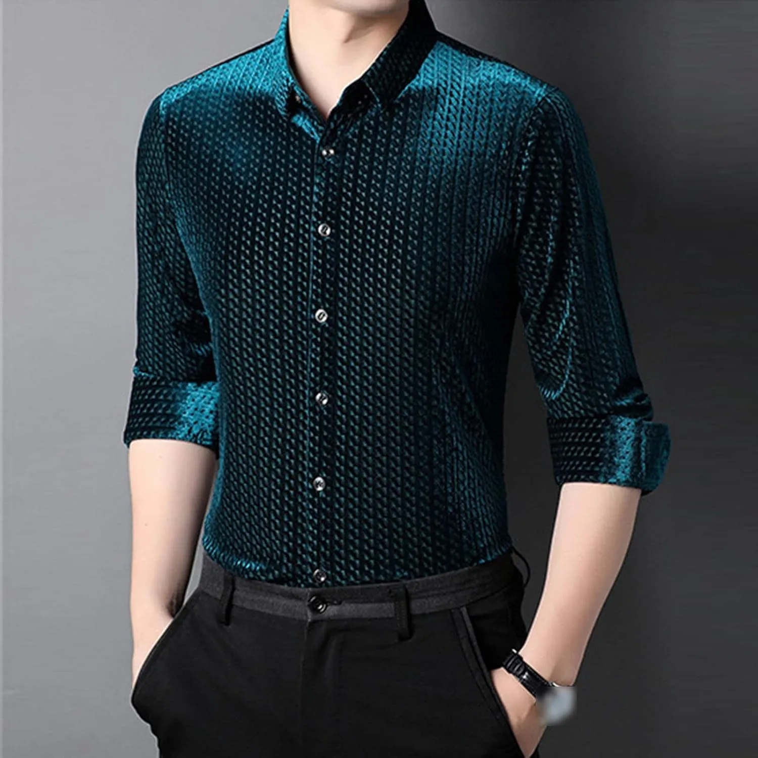 Men's Business Casual Velvet Long Sleeve Shirt Snap Buttons Vintage Shirt Suede Stretch Shirt Classic Ribbed