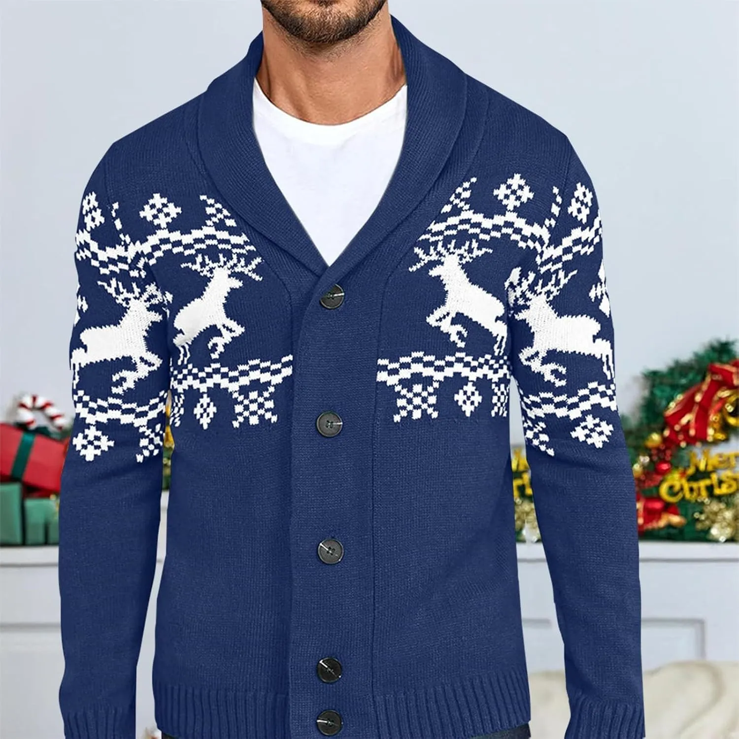 Mens Cardigan Sweaters with Buttons Long Sleeve Shawl Collar Christmas Knit Sweater Casual Xmas Holiday Sweaters