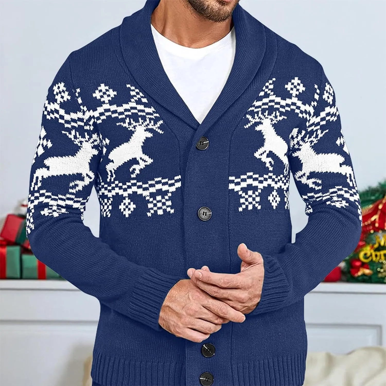 Mens Cardigan Sweaters with Buttons Long Sleeve Shawl Collar Christmas Knit Sweater Casual Xmas Holiday Sweaters