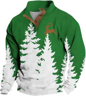 Men's Christmas Sweatshirts Xmas Tree Print Pullover Ugly Sweater Casual Long Sleeve Fall 1/4 Button Up Sweatshirts