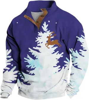 Men's Christmas Sweatshirts Xmas Tree Print Pullover Ugly Sweater Casual Long Sleeve Fall 1/4 Button Up Sweatshirts