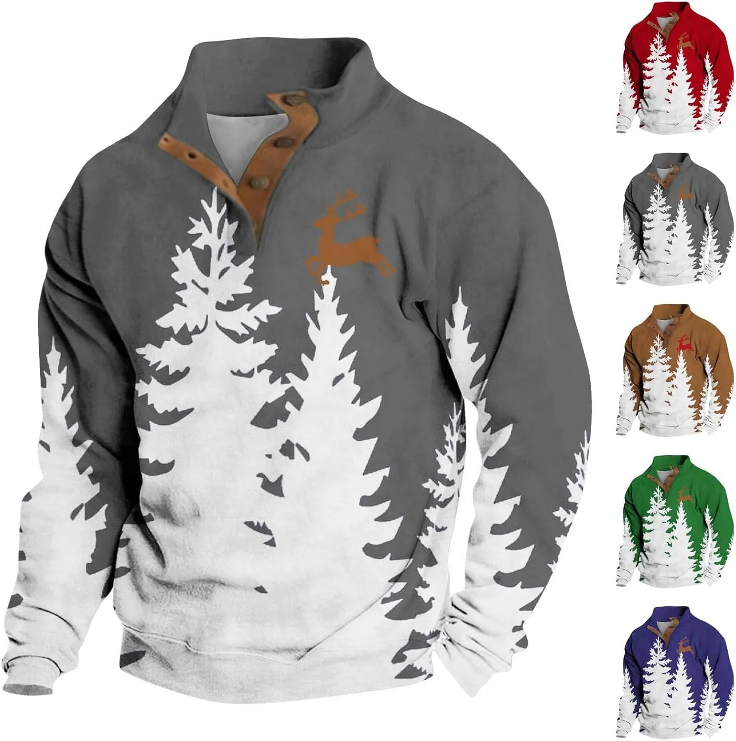 Men's Christmas Sweatshirts Xmas Tree Print Pullover Ugly Sweater Casual Long Sleeve Fall 1/4 Button Up Sweatshirts