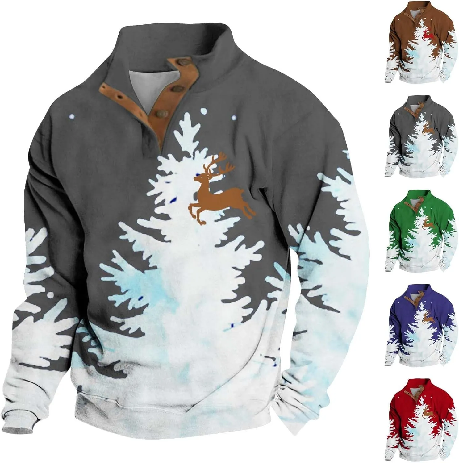 Men's Christmas Sweatshirts Xmas Tree Print Pullover Ugly Sweater Casual Long Sleeve Fall 1/4 Button Up Sweatshirts