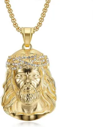 Men's Necklace Stainless Steel Chain 14K Gold Plated Pendant Necklace Religious Charm Iced-out Bling Necklace Punk Fashion Rocker Cool Biker Male Jewelry for Women Unisex