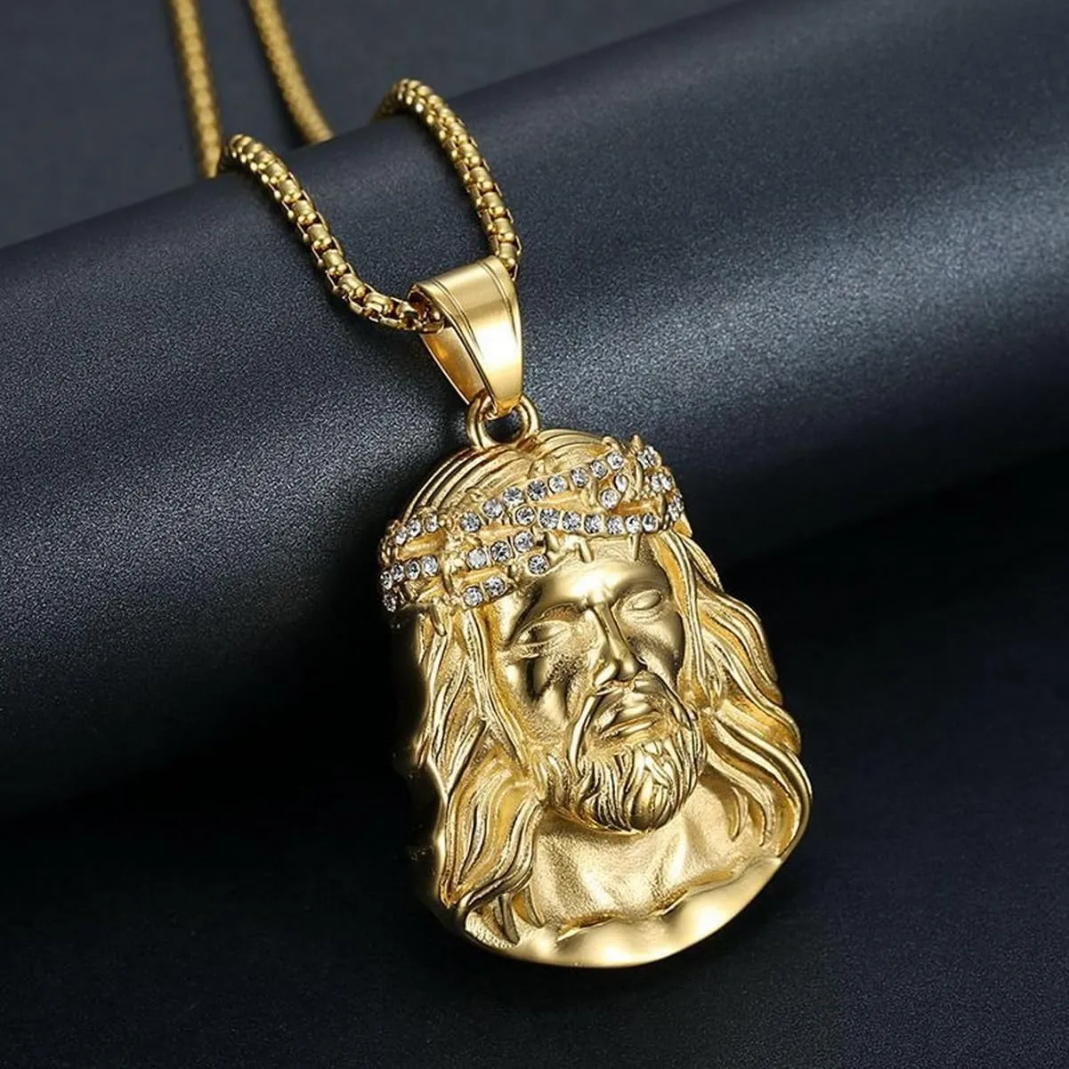 Men's Necklace Stainless Steel Chain 14K Gold Plated Pendant Necklace Religious Charm Iced-out Bling Necklace Punk Fashion Rocker Cool Biker Male Jewelry for Women Unisex