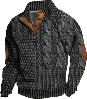 Mens Stand Collar Button Sweatshirt Outdoor Turtleneck Twist Pattern Imitation Knit Polo Long Sleeve Pullover Sweater