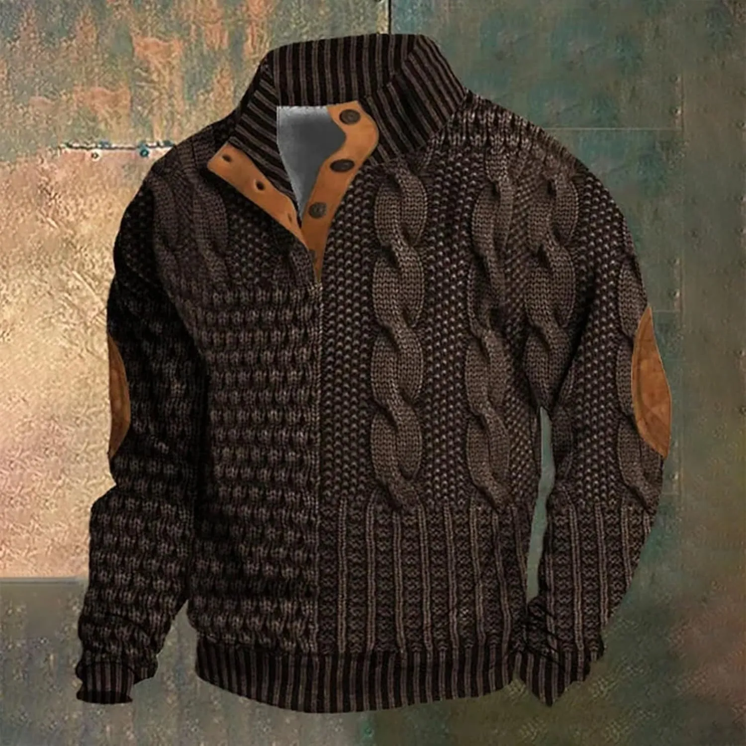 Mens Stand Collar Button Sweatshirt Outdoor Turtleneck Twist Pattern Imitation Knit Polo Long Sleeve Pullover Sweater