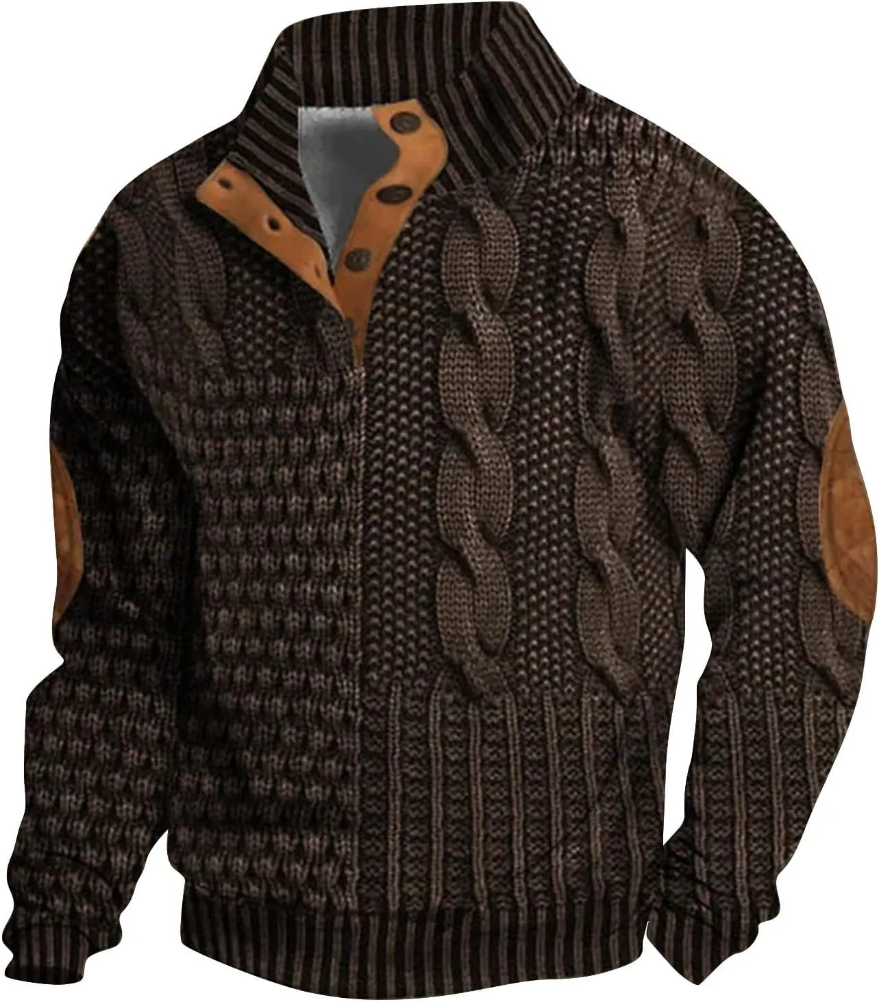 Mens Stand Collar Button Sweatshirt Outdoor Turtleneck Twist Pattern Imitation Knit Polo Long Sleeve Pullover Sweater