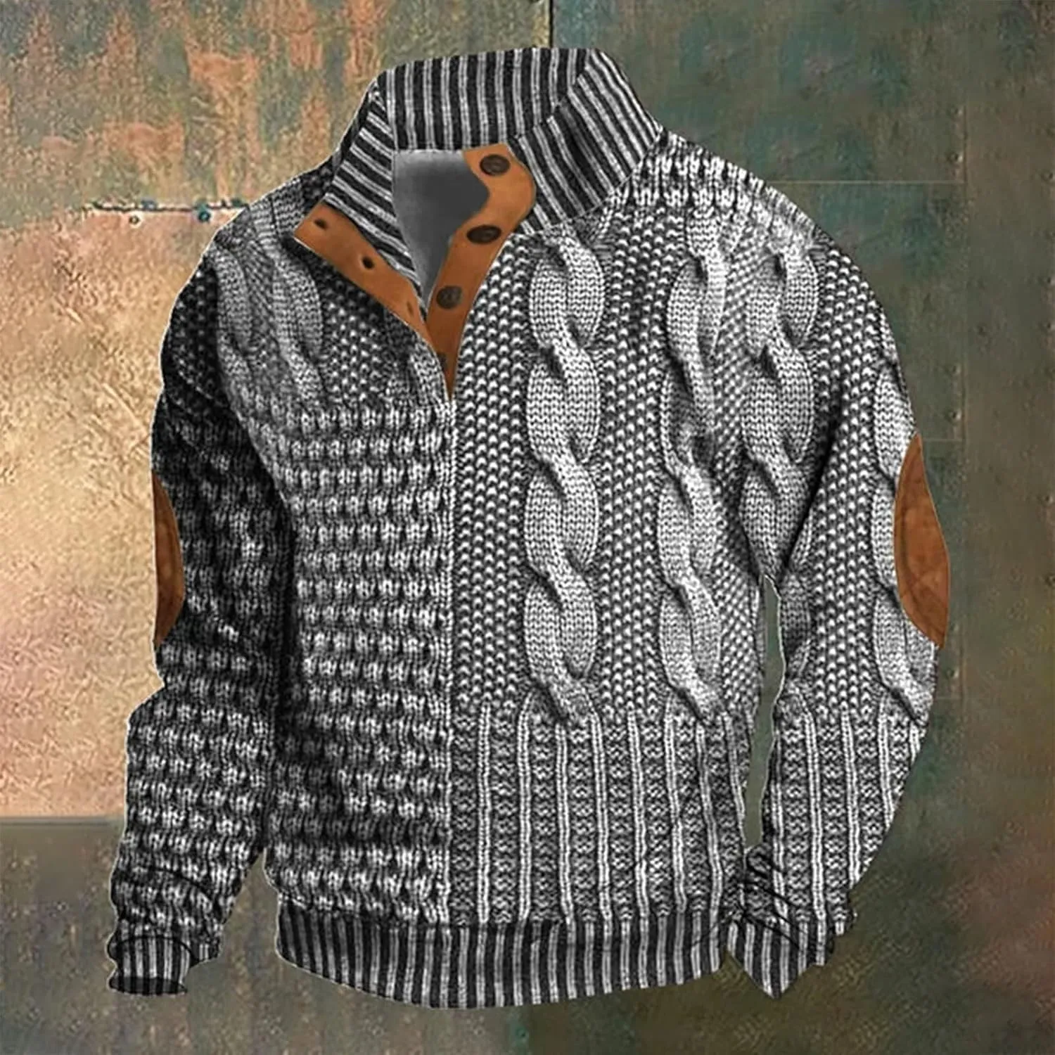 Mens Stand Collar Button Sweatshirt Outdoor Turtleneck Twist Pattern Imitation Knit Polo Long Sleeve Pullover Sweater