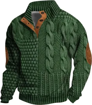 Mens Stand Collar Button Sweatshirt Outdoor Turtleneck Twist Pattern Imitation Knit Polo Long Sleeve Pullover Sweater