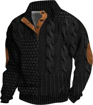 Mens Stand Collar Button Sweatshirt Outdoor Turtleneck Twist Pattern Imitation Knit Polo Long Sleeve Pullover Sweater