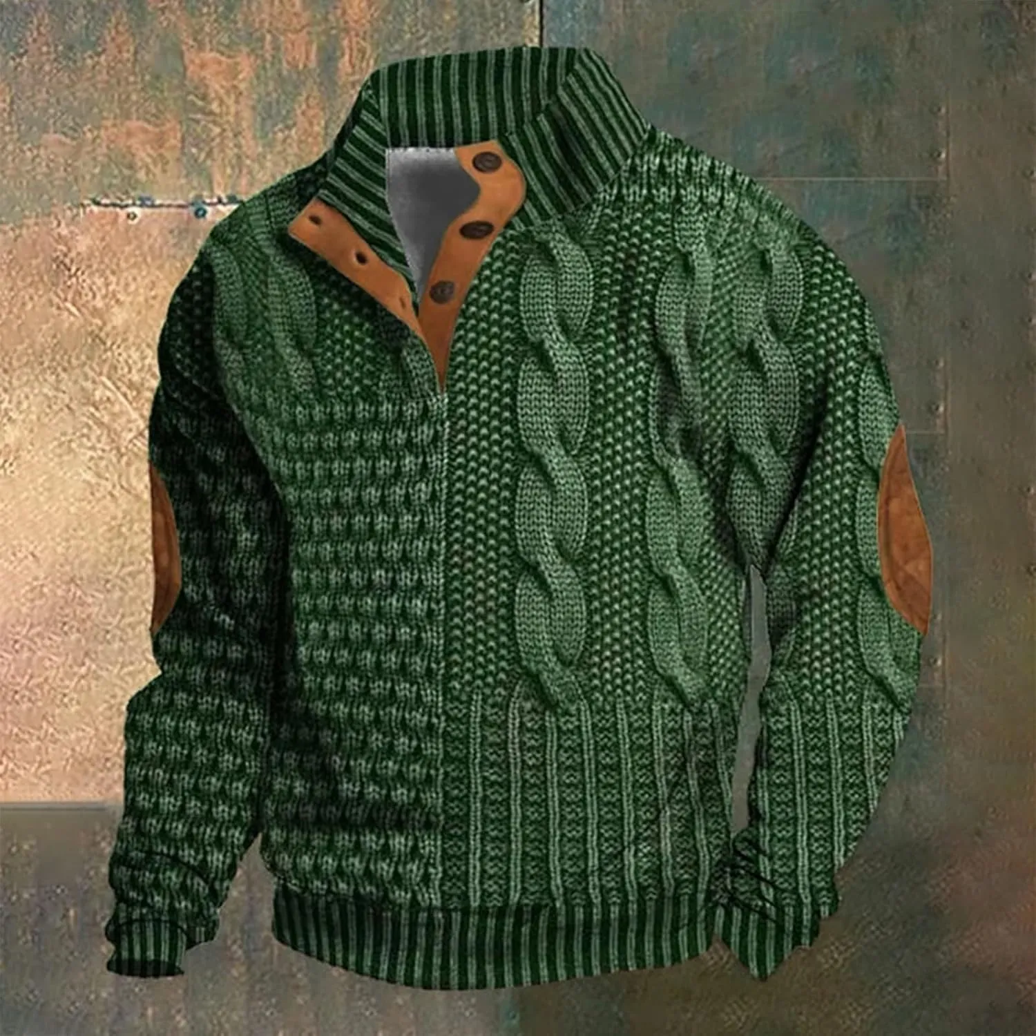 Mens Stand Collar Button Sweatshirt Outdoor Turtleneck Twist Pattern Imitation Knit Polo Long Sleeve Pullover Sweater