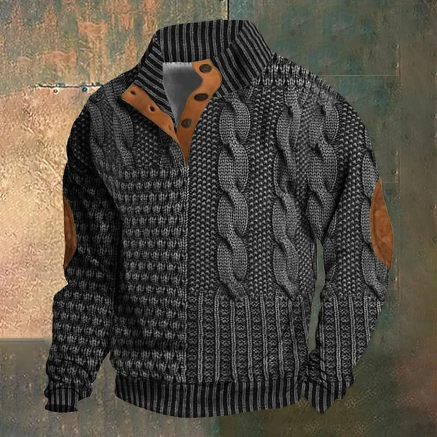 Mens Stand Collar Button Sweatshirt Outdoor Turtleneck Twist Pattern Imitation Knit Polo Long Sleeve Pullover Sweater