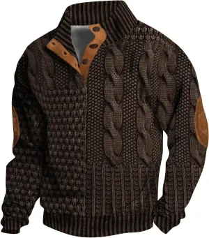 Mens Stand Collar Button Sweatshirt Outdoor Turtleneck Twist Pattern Imitation Knit Polo Long Sleeve Pullover Sweater