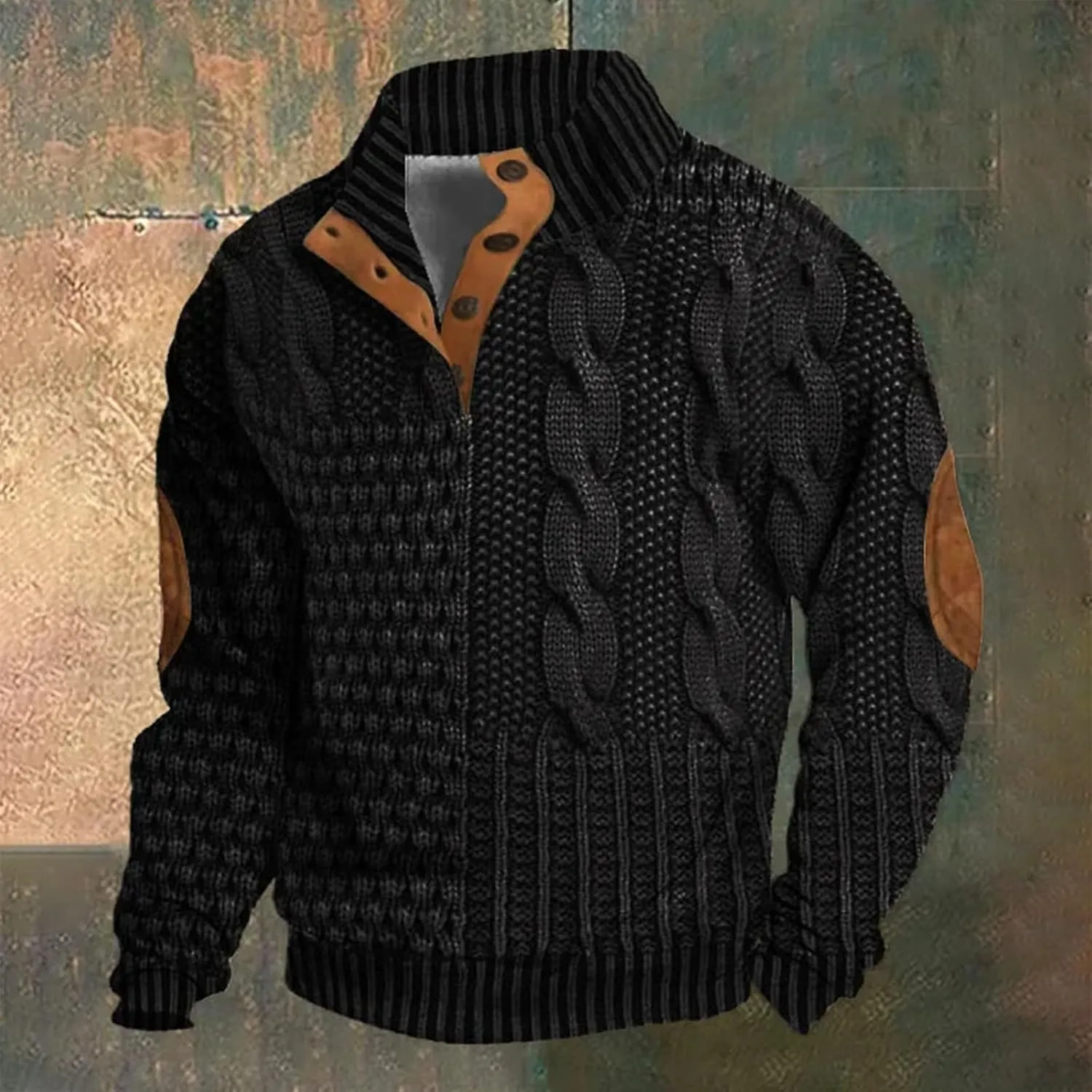 Mens Stand Collar Button Sweatshirt Outdoor Turtleneck Twist Pattern Imitation Knit Polo Long Sleeve Pullover Sweater