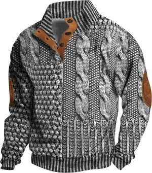 Mens Stand Collar Button Sweatshirt Outdoor Turtleneck Twist Pattern Imitation Knit Polo Long Sleeve Pullover Sweater