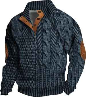 Mens Stand Collar Button Sweatshirt Outdoor Turtleneck Twist Pattern Imitation Knit Polo Long Sleeve Pullover Sweater