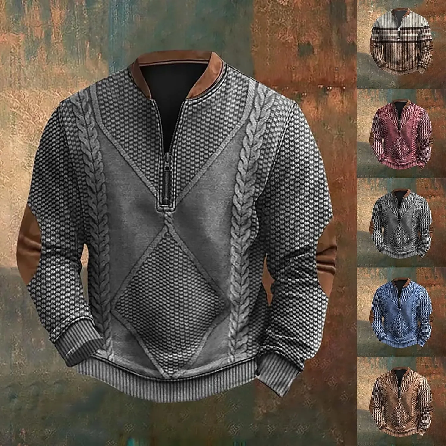 Men's Sweatshirts Quarter Zip Stand Collar 3D Pattern Sweater Casual Long Sleeve Funny Outdoor Knit Print Pullovers