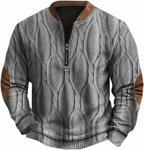 Mens 1/4 Zip Pullover Sweatshirts Long Sleeve Band Collar Knit Pattern Sweaters Casual Athletic Graphic Tee Shirts