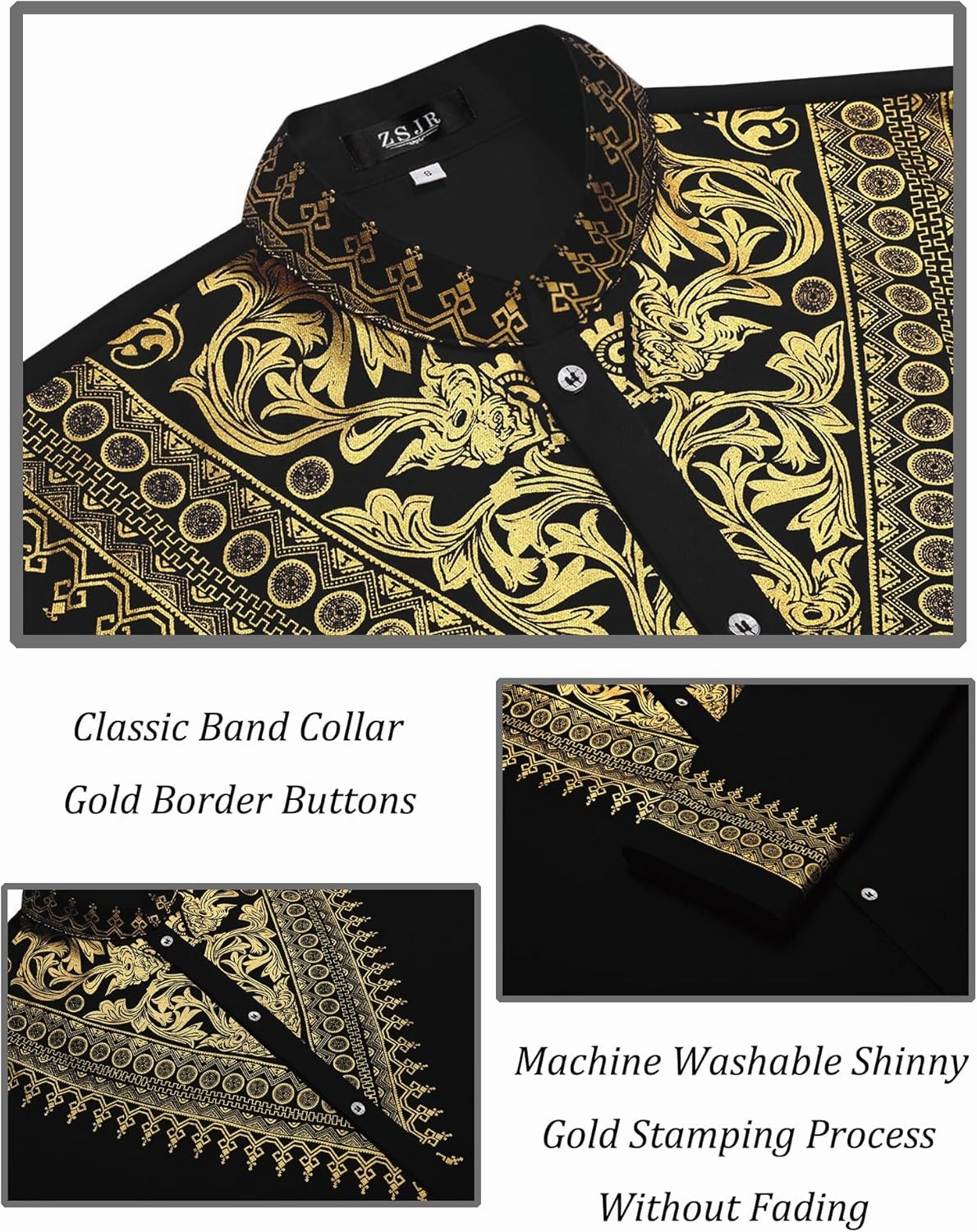 Mens African 2 Piece Set Metallic Traditional Suit Gold Stamp Printed African Dashiki Shirt and Pants Outfit