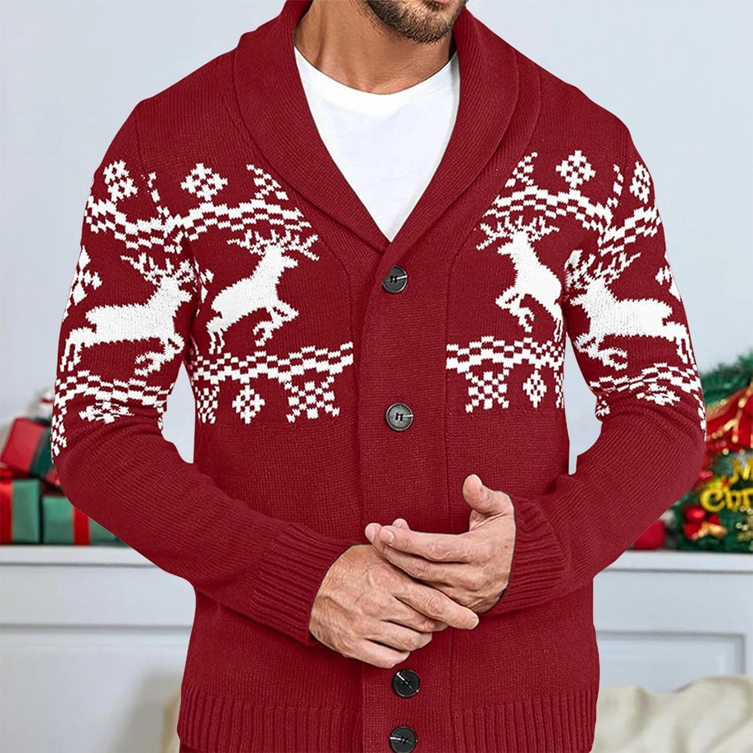 Mens Cardigan Sweaters with Buttons Long Sleeve Shawl Collar Christmas Knit Sweater Casual Xmas Holiday Sweaters