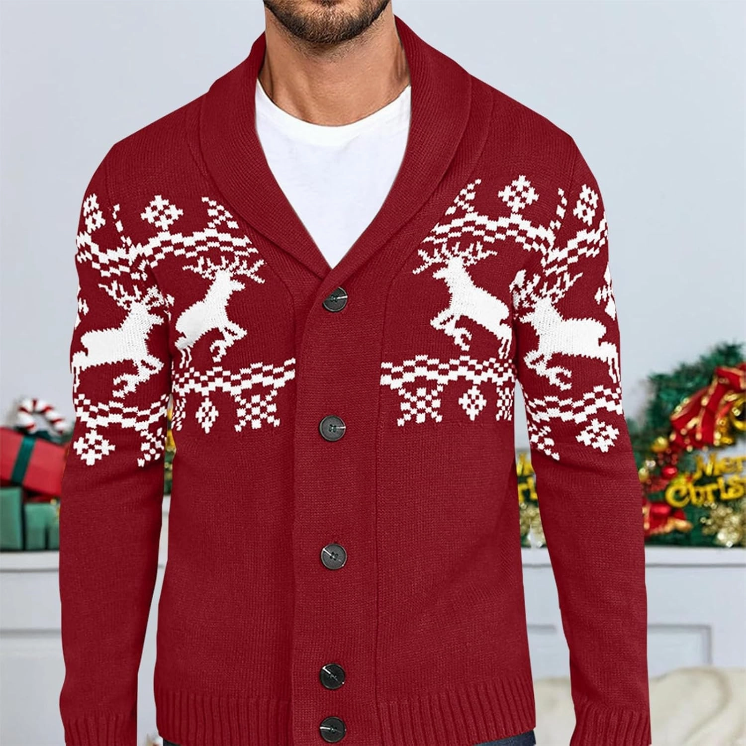 Mens Cardigan Sweaters with Buttons Long Sleeve Shawl Collar Christmas Knit Sweater Casual Xmas Holiday Sweaters