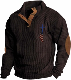 Mens Corduroy Shirts Casual Outdoor American Flag Print Graphic Sweatshirt 1/4 Button Up Mock Neck Pullover Sweater