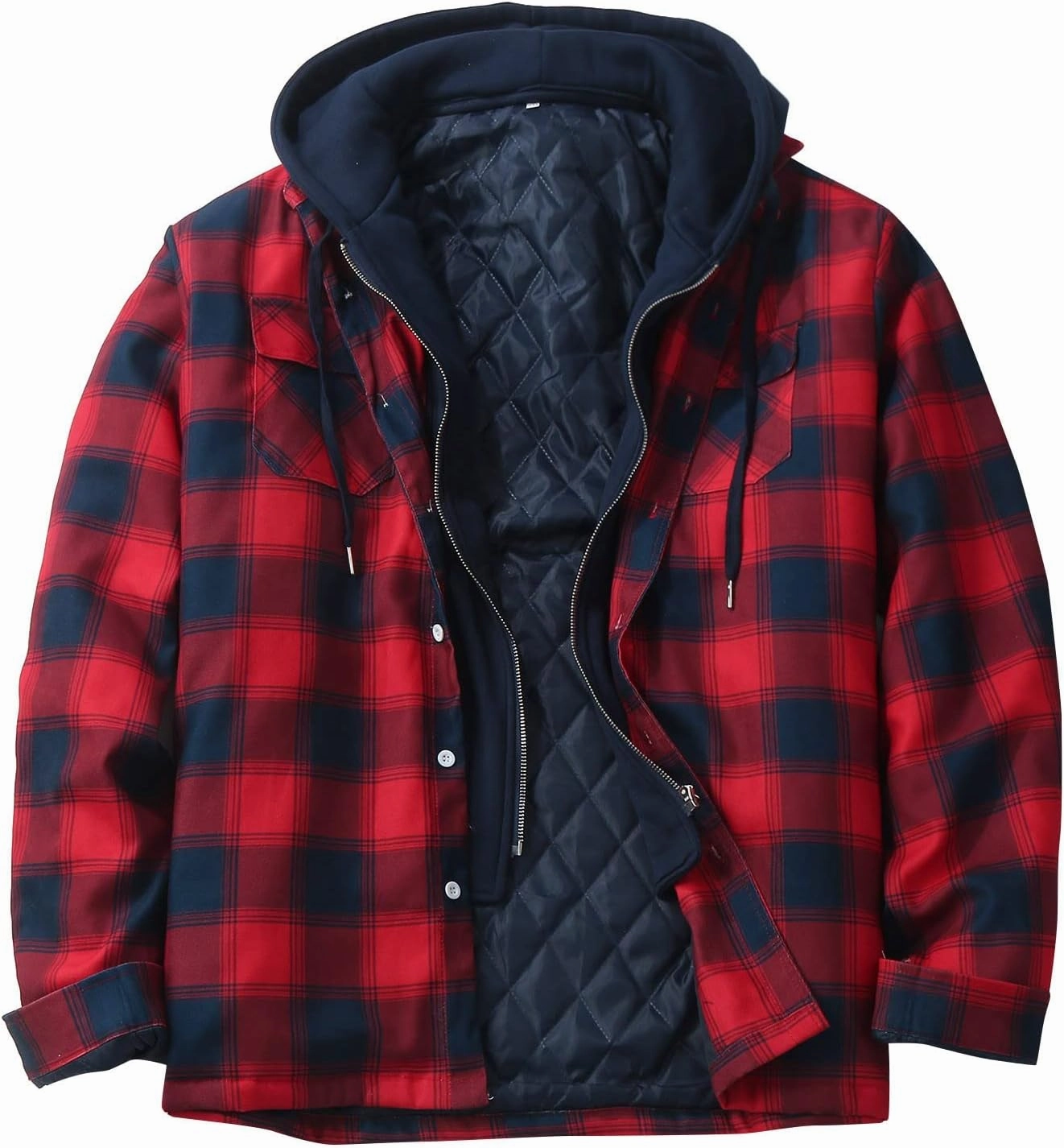 Mens Sweatshirt Winter Fashion Casual Plaid Pocket Hooded Zipper Buckle Composite Coat Jacket Thick Coat Weighted