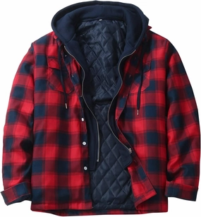 Mens Sweatshirt Winter Fashion Casual Plaid Pocket Hooded Zipper Buckle Composite Coat Jacket Thick Coat Weighted