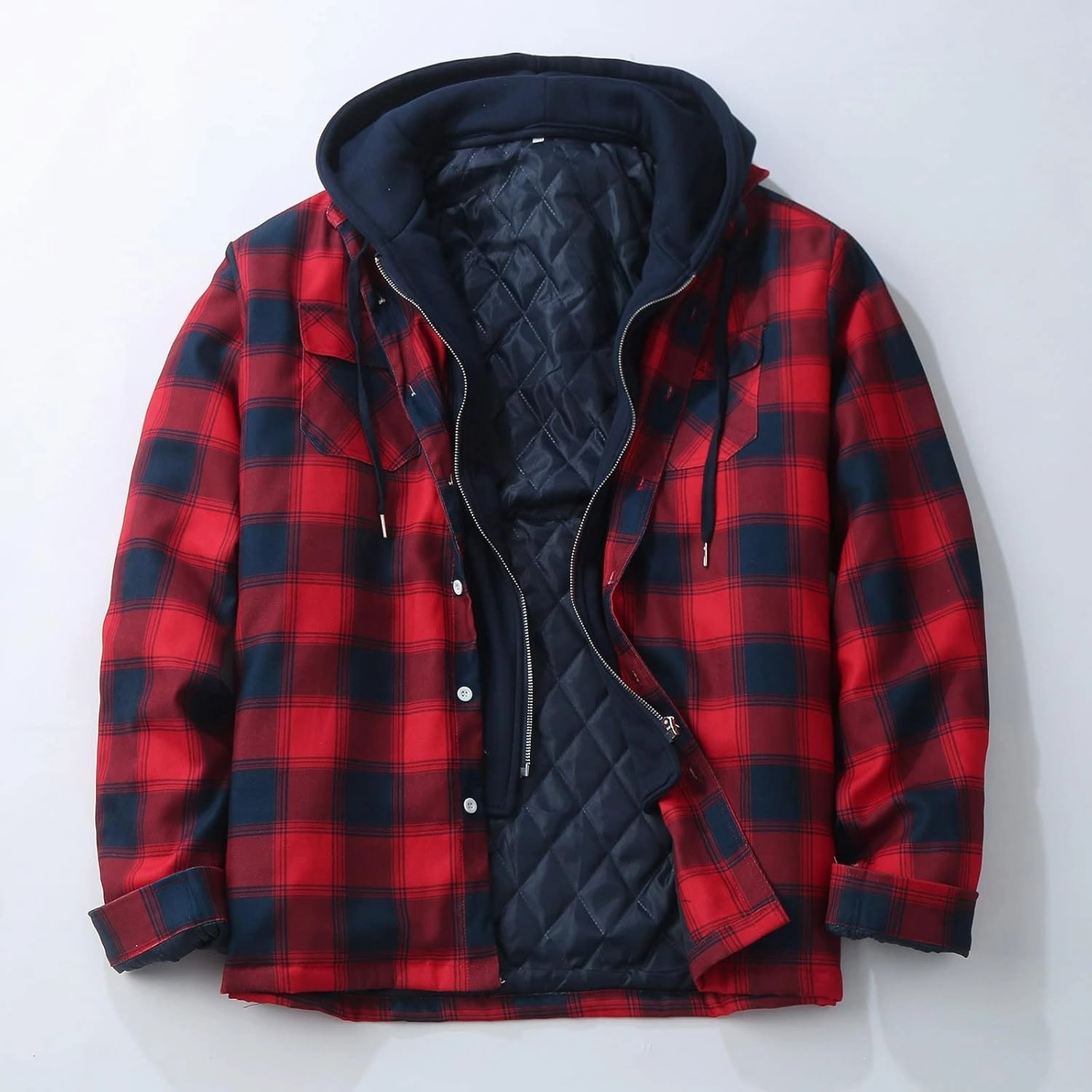 Mens Sweatshirt Winter Fashion Casual Plaid Pocket Hooded Zipper Buckle Composite Coat Jacket Thick Coat Weighted